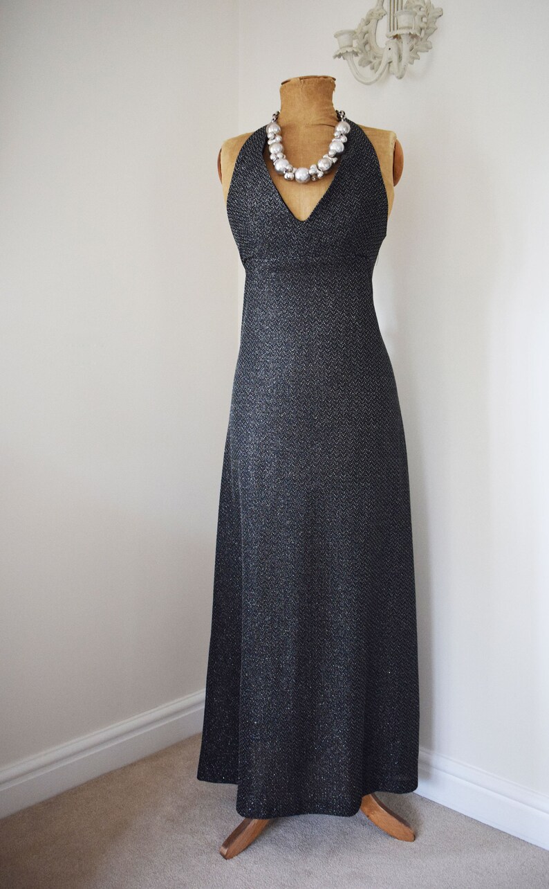 1970s Cocktail Dress Black Silver Lurex Maxi Halterneck