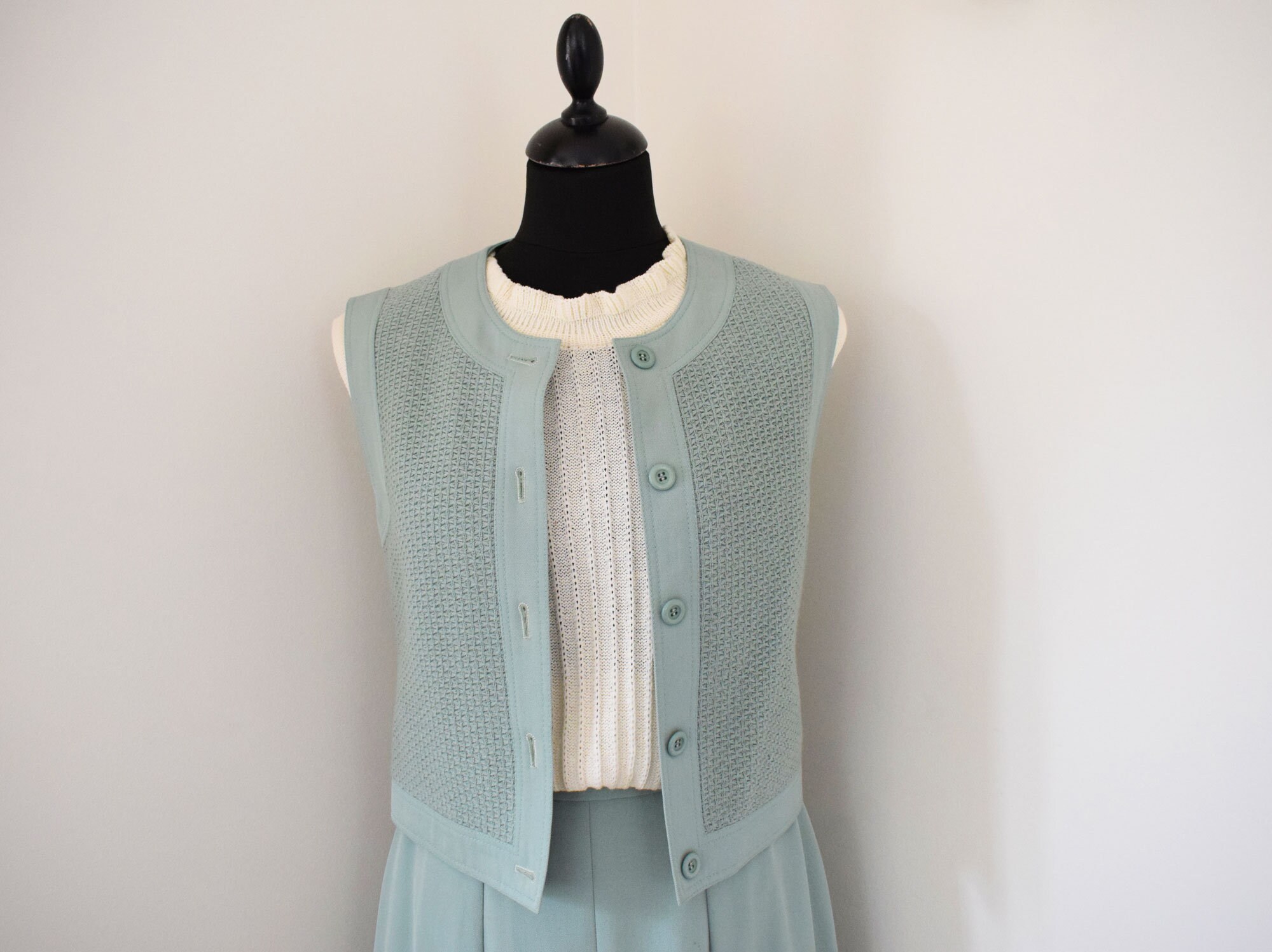 Image of Sage Green Pleated A-Line Skirt With Matching Waistcoat Vest | S