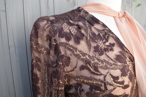 1920s 1930s Brown Gold Lace Crepe Pussybow Maxi D… - image 5