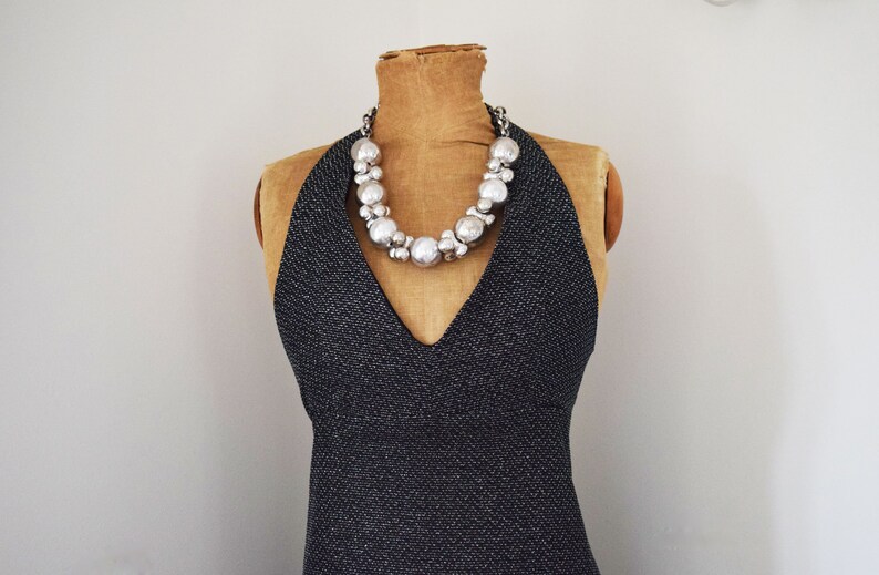 1970s Cocktail Dress Black Silver Lurex Maxi Halterneck