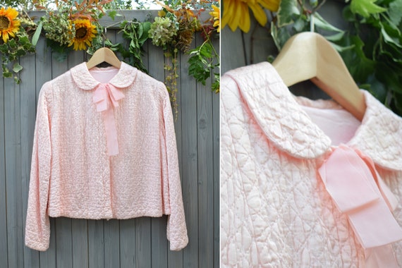 1940s 1950s Pink Quilted Bed Jacket | Long Sleeve… - image 1