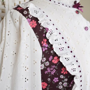 1970s Aubergine White Ditsy Floral Prairie Dress Broderie Anglaise High Neck Frill Collar Approx Size 10 image 5