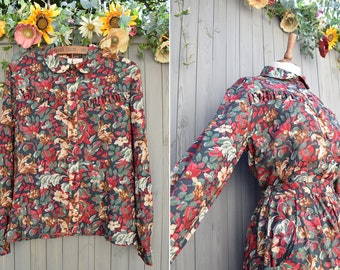 Blusa estampada floral de lana Liberty de la década de 1980 / Camisa de manga larga de color burdeos / Talla aproximada 12-14