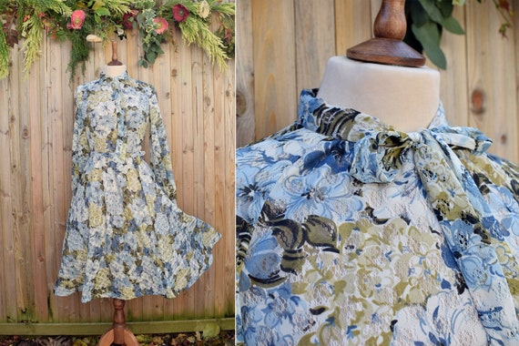 1970s Blue Green Floral Lace Midi Dress by Kati at