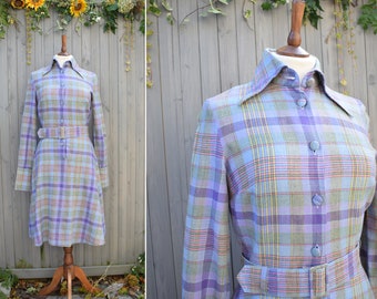 Purple Lilac Plaid 70s Shirt Dress | Belted Midi Dress | Dagger Collar Dress | Long Sleeved Dress | Button Up Dress | Approx UK Size 10