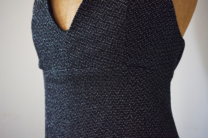 1970s Cocktail Dress Black Silver Lurex Maxi Halterneck