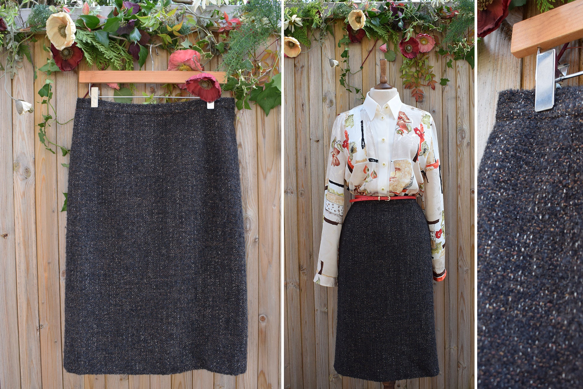 Image of Brown Tweed Wool Midi Pencil Skirt S