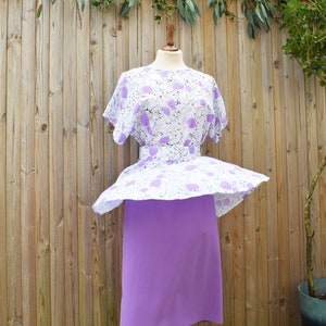 Lilac White Peplum Waist Midi Dress Batwing Sleeves Pencil Skirt Secretary Dress Size 12 image 5