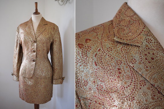 Gold Lame Metallic 1960s/1970s Two Piece Retro Mini Skirt Suit 