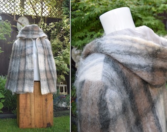 Grey Mohair Wool Cape | Short Hooded Cape | 1960s