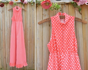 1960s Coral Polka Dot Sun Maxi Dress