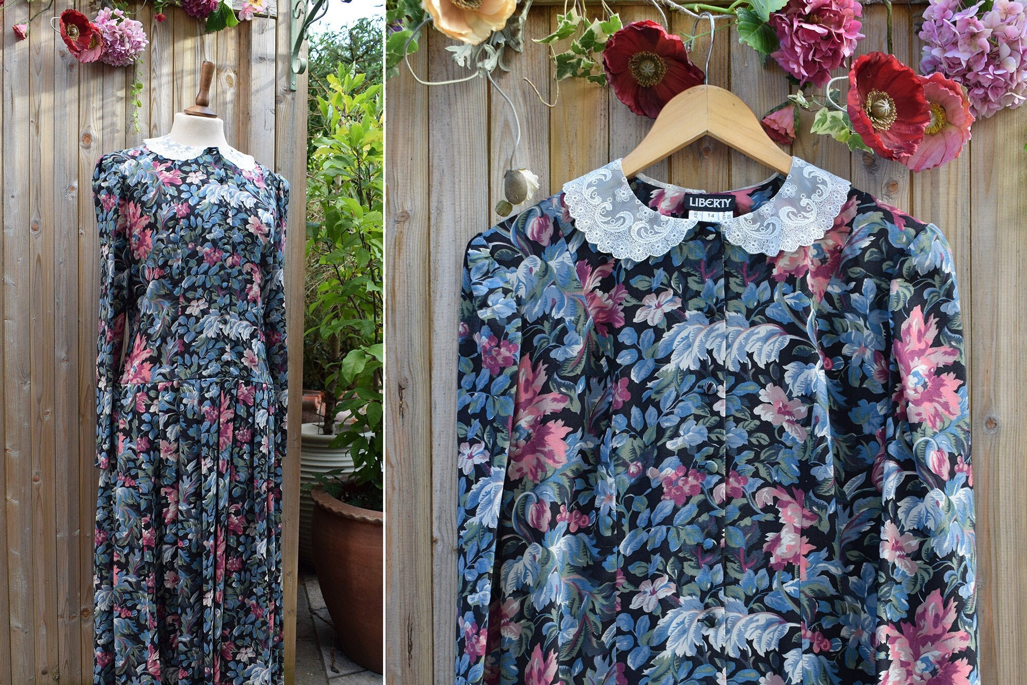 Image of Liberty Of London Wool Floral Pink & Blue Pleated Dress | S