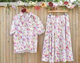 Lilac Floral Cotton Shirt & Skirt Co-Ord | 1980s