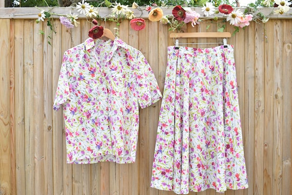 Lilac Floral Cotton Shirt & Skirt Co-Ord | 1980s