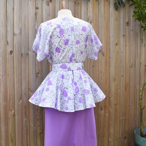 Lilac White Peplum Waist Midi Dress Batwing Sleeves Pencil Skirt Secretary Dress Size 12 image 10