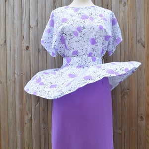 Lilac White Peplum Waist Midi Dress Batwing Sleeves Pencil Skirt Secretary Dress Size 12 image 2