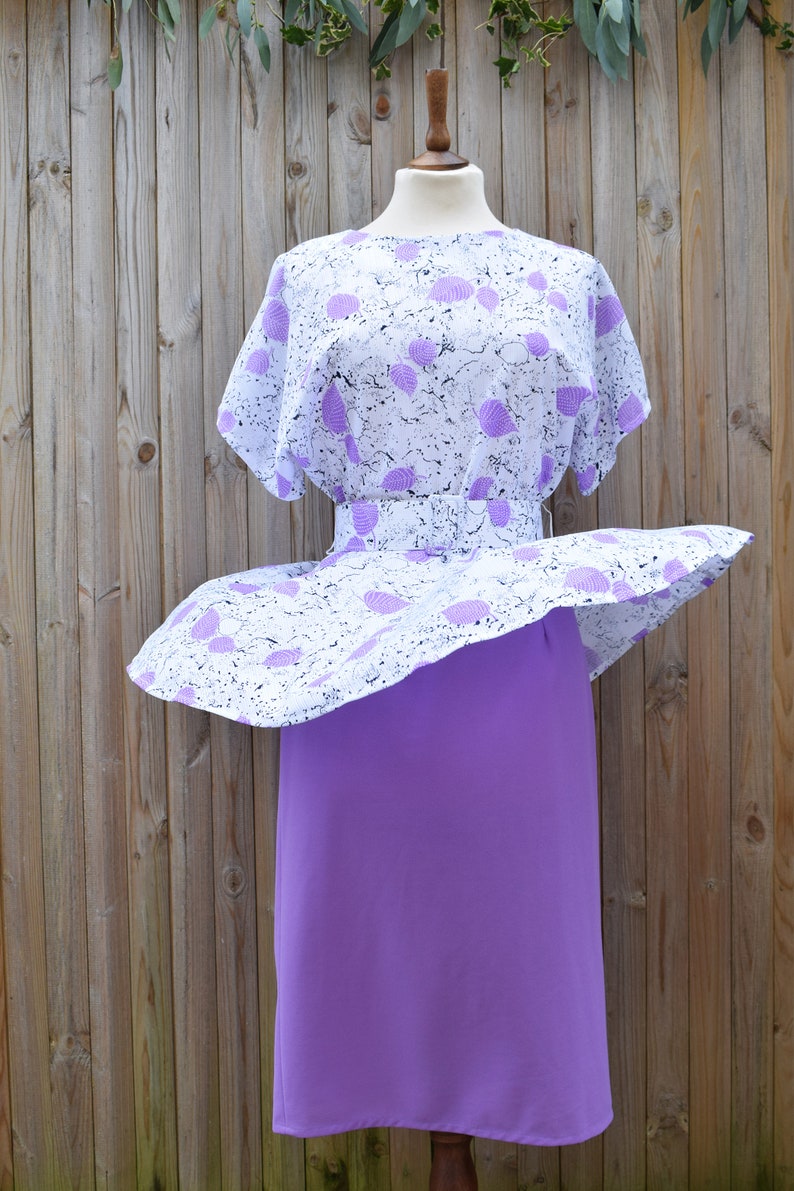 Lilac White Peplum Waist Midi Dress Batwing Sleeves Pencil Skirt Secretary Dress Size 12 image 2