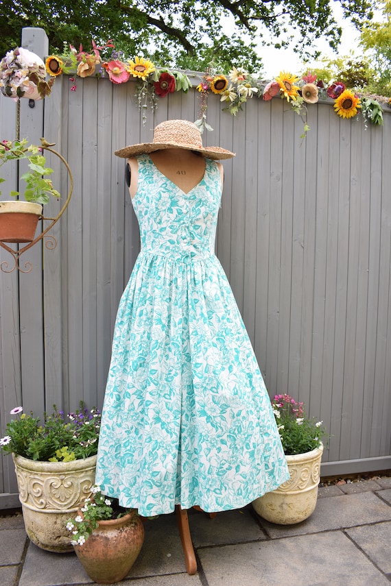 Laura Ashley 1980s Aqua White Sleeveless Cotton Floral Sun Dress | Bust 34"  - Etsy