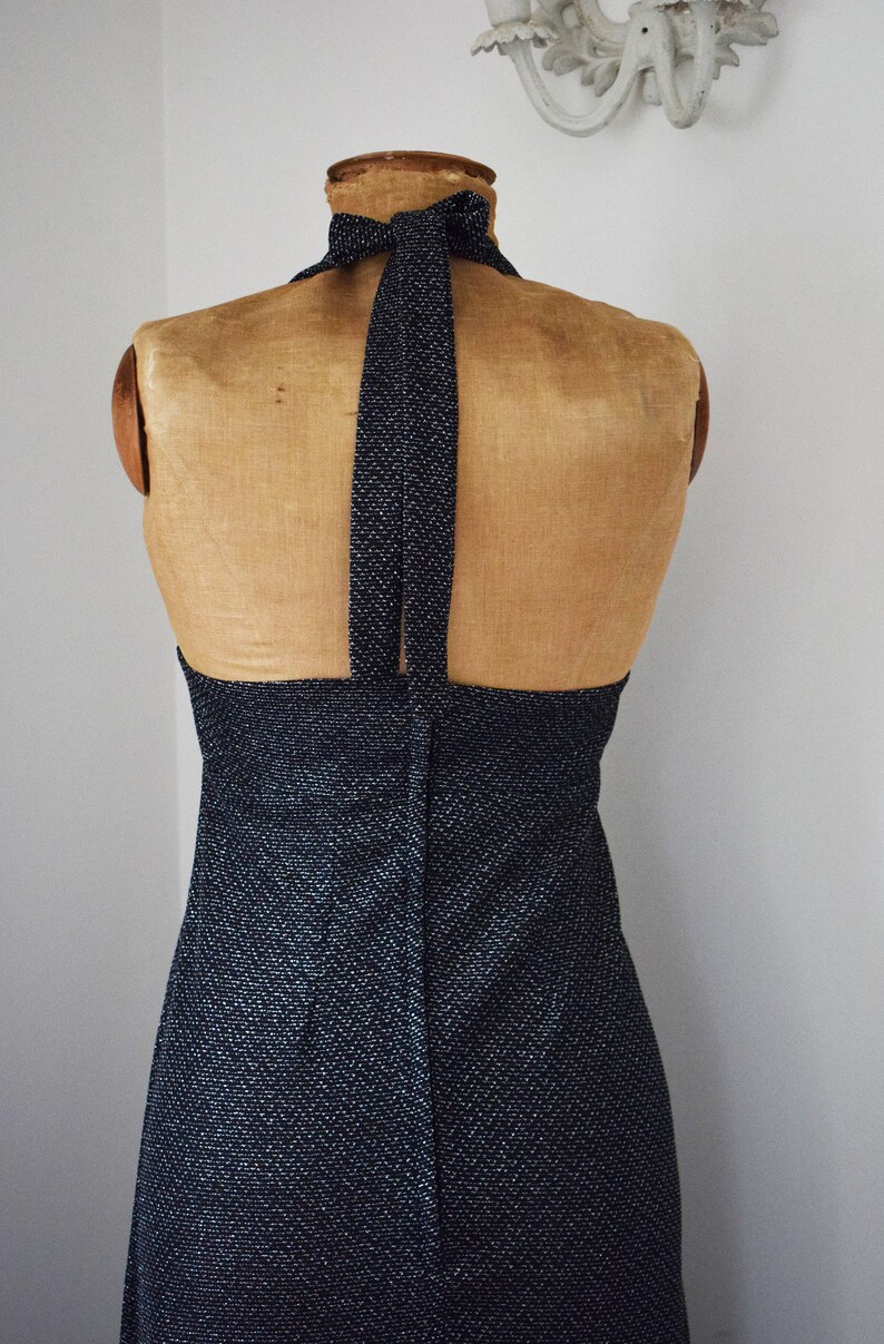 1970s Cocktail Dress Black Silver Lurex Maxi Halterneck