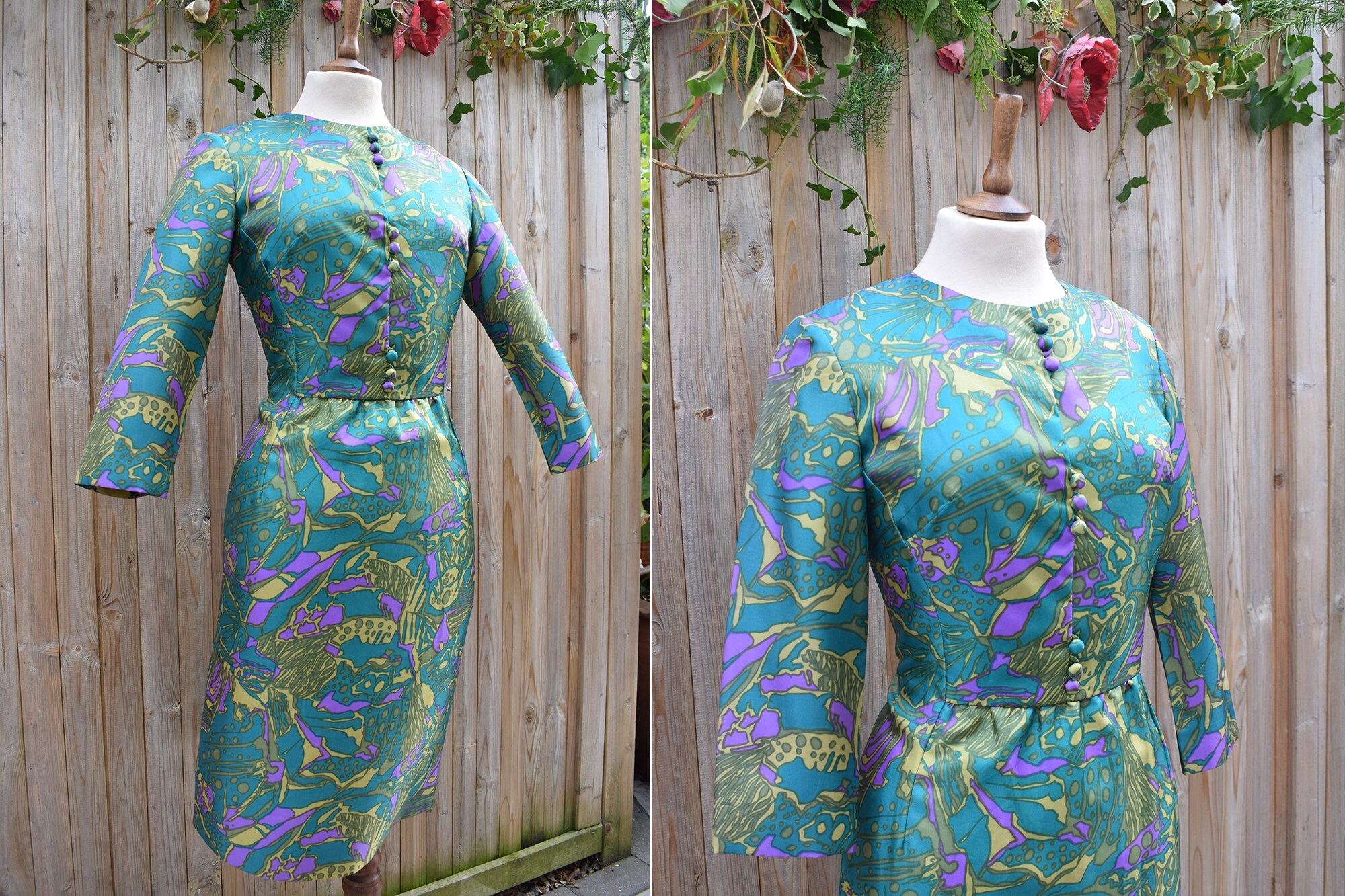 Image of Cresta Couture Green Purple Abstract Print Cocktail Dress | S/S