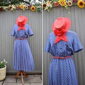 Vintage 1980s 1990s Blue White Polka Dot Button Up Pleated Day Dress with Matching Belt