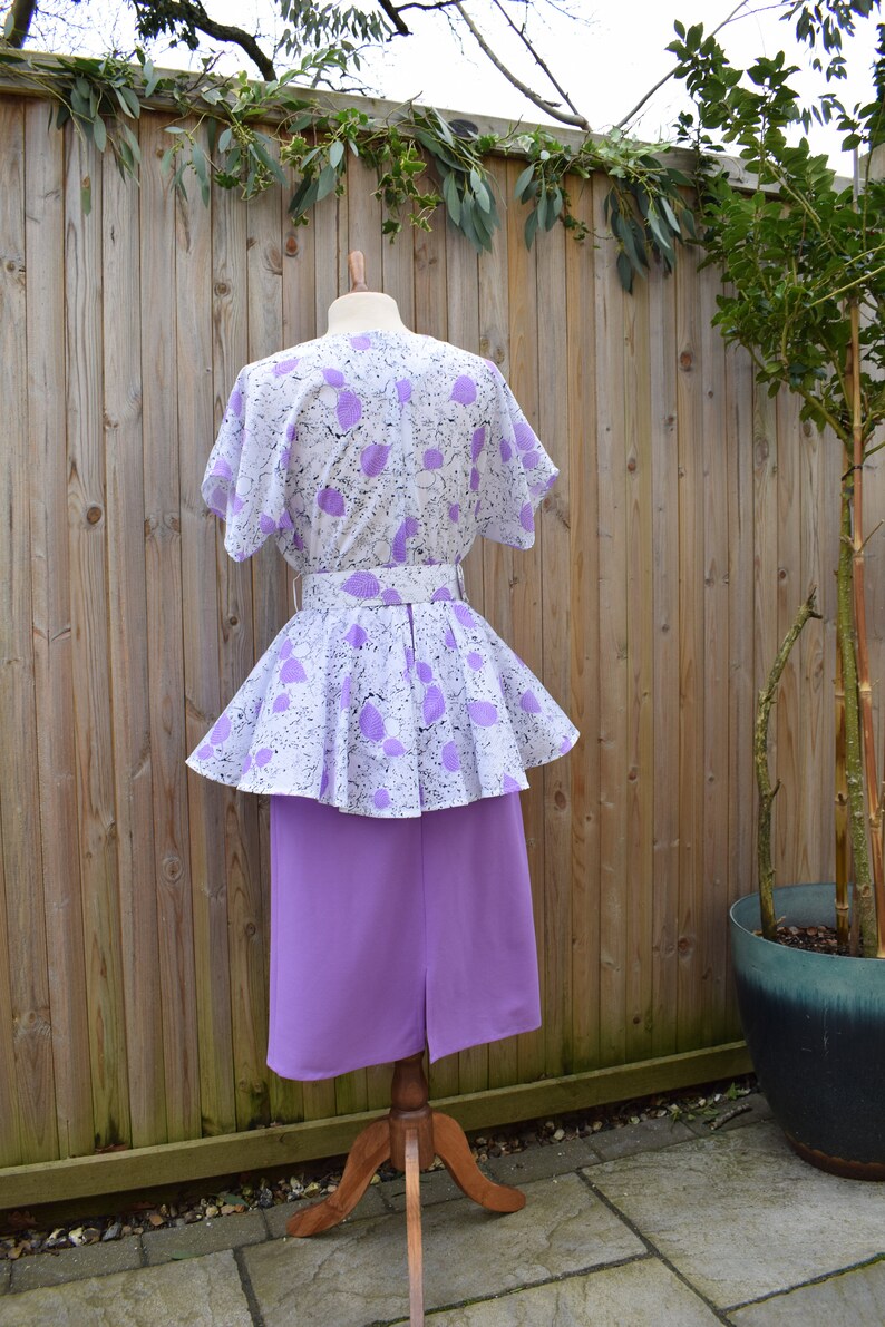Lilac White Peplum Waist Midi Dress Batwing Sleeves Pencil Skirt Secretary Dress Size 12 image 9
