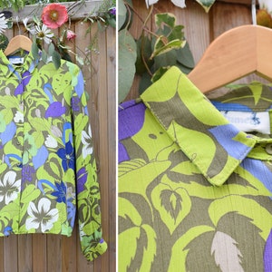 Green & Purple Floral Retro Loose Fit Blouse | 1980s/1990s