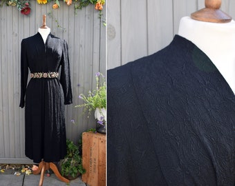 1940s Black Embossed Belted Cocktail Dress | Handmade Vintage Evening Party Dress | Approx Size 12 Bust 36"
