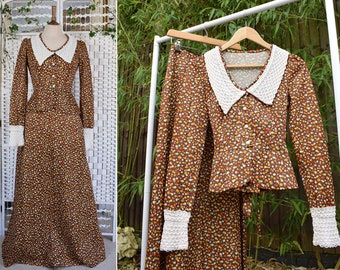 1970s Brown Ditsy Floral Edwardian Style Maxi Skirt Peplum Jacket Co-Ord | Two Piece Set | Boho Vintage Skirt Suit | Approx Size 8