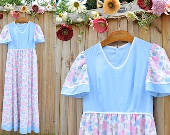 Baby blau rosa 1970er Jahre Floral Prärie Stil Maxi Kleid | Empire Sommerkleid | Kurzarm Frühling Hippie Kleid | Ca. Größe 10