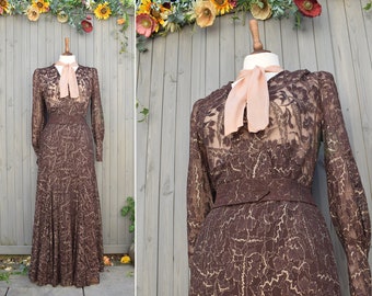 1920s 1930s Brown Gold Lace Crepe Pussybow Maxi Dress | Lace Evening Gown | Vintage Cocktail Dress | Party Dress