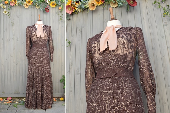 1920s 1930s Brown Gold Lace Crepe Pussybow Maxi D… - image 1