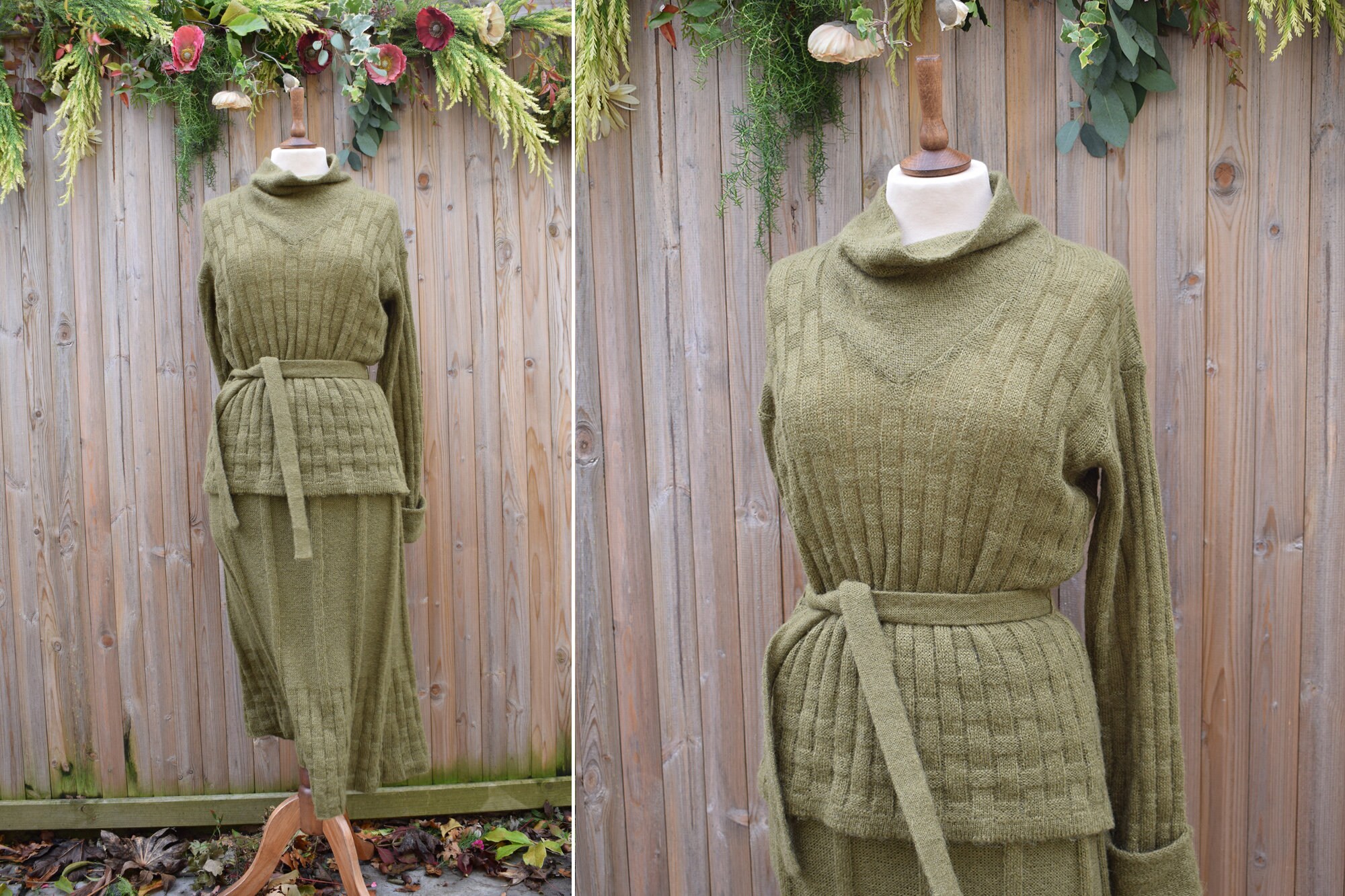 Image of Olive Green Knitted S Roll Neck Jumper Skirt Co-Ord Two Piece Set