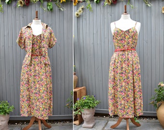1970s 1980s Floral Yellow Pink Multicoloured Strappy Sundress & Matching Jacket