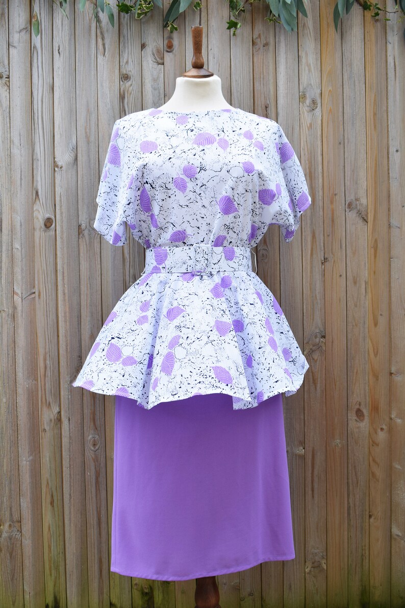 Lilac White Peplum Waist Midi Dress Batwing Sleeves Pencil Skirt Secretary Dress Size 12 image 3