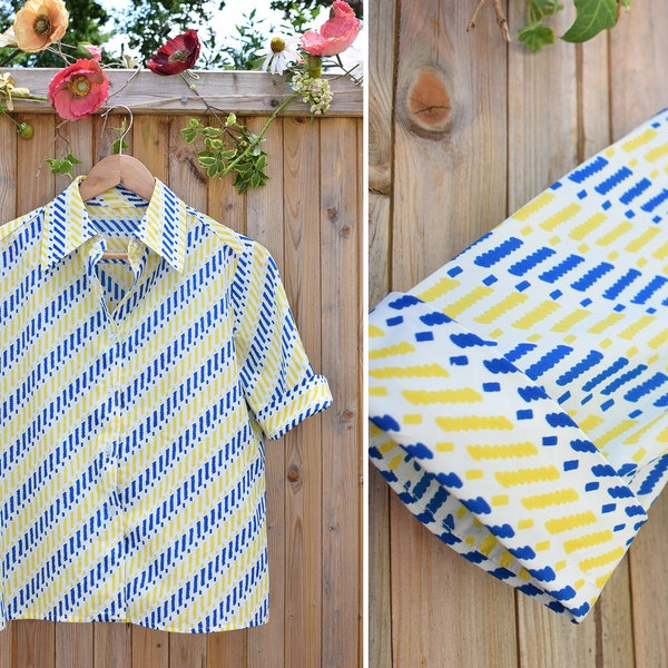 Yellow Blue Graphic Print 70s Shirt | Dagger Collar | Summer Shirt