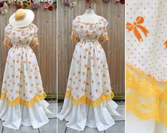 Cream Orange Velvet Bow Polka Dot Milkmaid Dress | Off the Shoulder Dress | Layered Peasant A-Line Dress | Cottage Core
