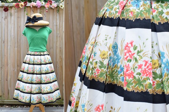 1950s Floral Meadow Border Print Cotton Skirt | 25