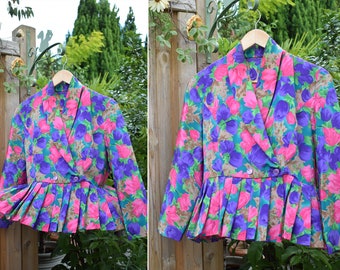 Pink Purple Floral Peplum Waist Jacket | Lightweight Spring Jacket | Approx Size 14 |