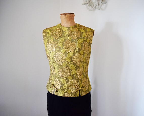 1960s Sleeveless Gold Khaki Brocade Top | Size Sma