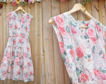 Pink & Green Rose Print 1950s/1960s Sun Dress | Pink Floral Summer Midi Dress | Size 8-10 Dress