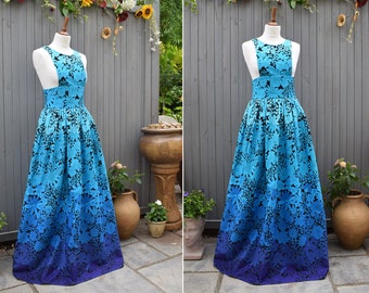 Vintage 1960er/1970er Jahre Blau Lila Schwarz Flower Power Ombre Maxi Kleid | Retro Trägerkleid | Blumen Cocktail Sommer Party Kleid