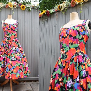 1980s Tropical Multicoloured Red Black Strawberry Print Sun Dress | Sleeveless Cocktail Prom Dress | Lightweight Summer Day Dress