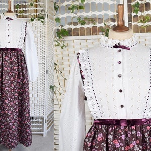 1970s Aubergine White Ditsy Floral Prairie Dress Broderie Anglaise High Neck Frill Collar Approx Size 10 image 1