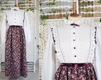 1970s Aubergine White Ditsy Floral Prairie Dress | Broderie Anglaise | High Neck Frill Collar | Approx Size 10