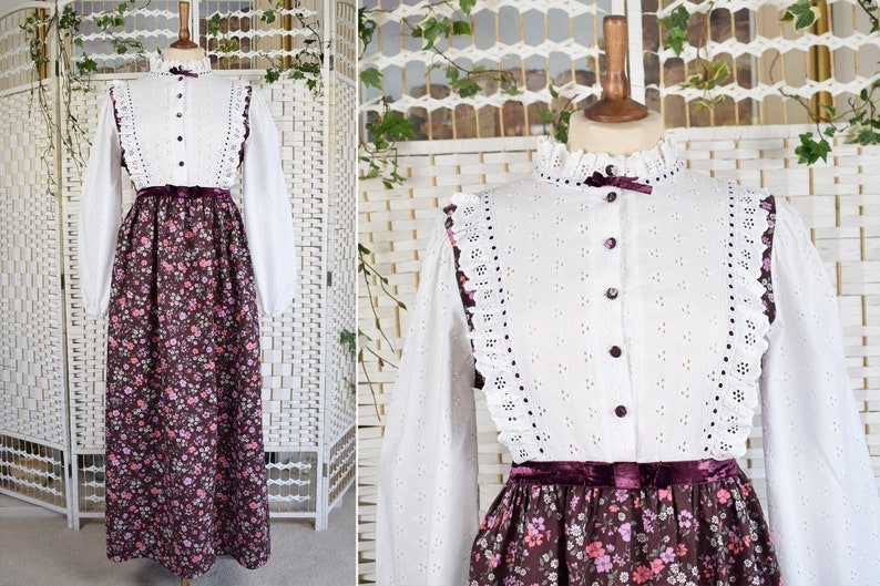 1970s Aubergine White Ditsy Floral Prairie Dress Broderie Anglaise High Neck Frill Collar Approx Size 10 image 1
