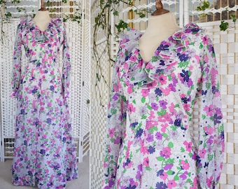 1970s Ruffle Cuello Floral Manga Larga Maxi Vestido / Vestido Blanco Púrpura Rosa / Tamaño 12