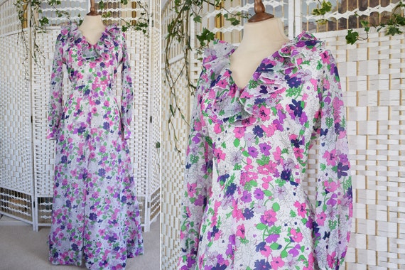 1970s Ruffle Neck Floral Long Sleeved Maxi Dress |