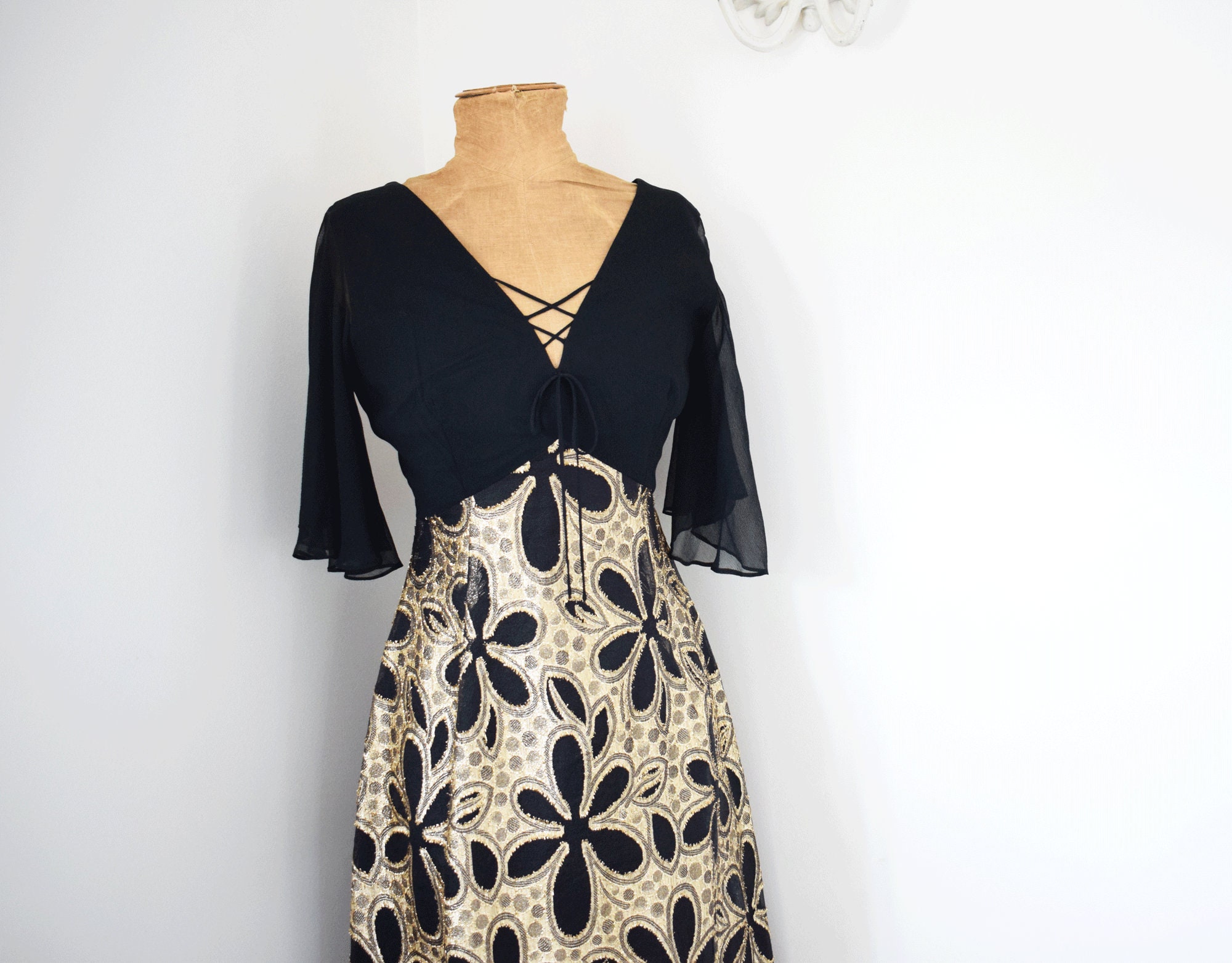 Image of Black & Gold Chiffon Evening Dress | S/S