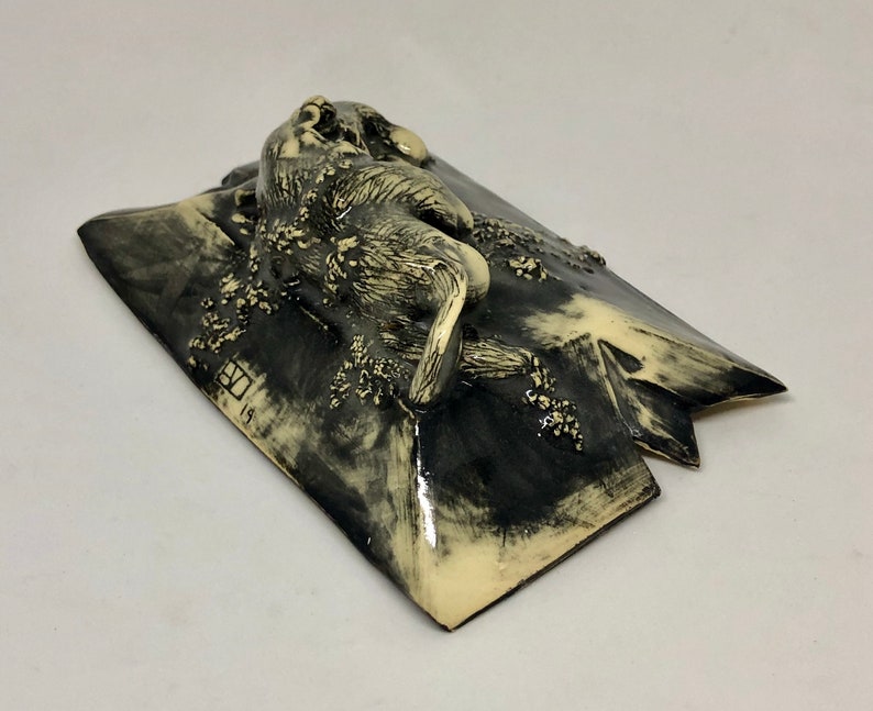 Rabbit ceramic sculpture black and white death and decay rabbit bunny dark weird sculpture art